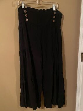 High-Waist Black Wide Leg Pants with Button Accent
